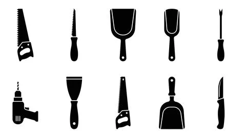 Diverse black silhouette tools for construction and craft on white background 스톡 일러스트