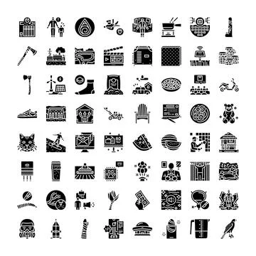Diverse black solid icons collection on white background Stock Illustration