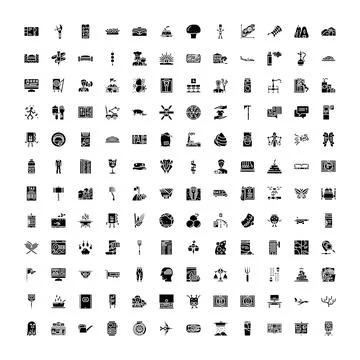 Diverse black solid icons set illustrating various concepts Stock Illustration