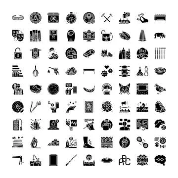 Diverse black solid linear icon set collection Stock Illustration
