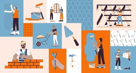 Diverse builders contractors bento grid illustration set Ilustração Stock