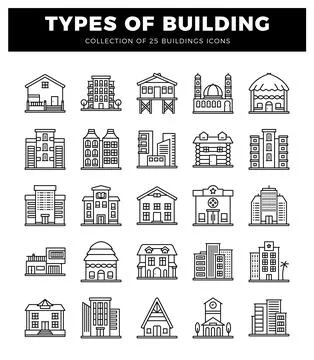 Diverse building icon illustrations on a white background. featuring variou.. Ilustración de archivo