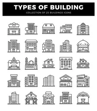 Diverse building icons for architectural representation. Ilustración de archivo