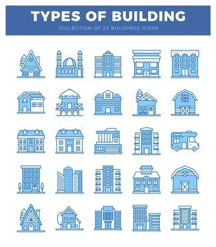 Diverse building icons in blue line art. Ilustración de archivo