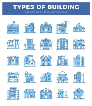Diverse building icons in blue line art. representing residential and comme.. Ilustración de archivo