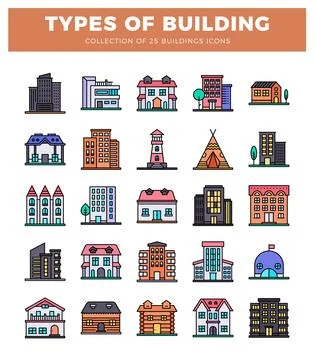 Diverse building icons in a clean. flat design. Ilustración de archivo