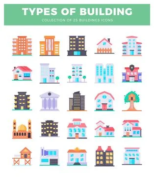 Diverse building icons displayed in a grid. representing different architec.. Stock Illustration