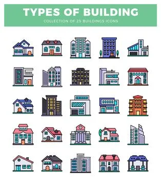 Diverse building icons in flat design on a white background. showcasing var.. Illustrazione stock