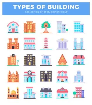 Diverse building icons in flat design style on white background.  Diverse a.. Ilustración de archivo