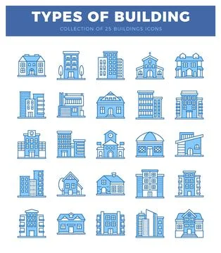 Diverse building icons in a flat design style. Ilustración de archivo