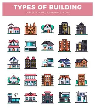 Diverse building icons in a flat design style.  Various architectural style.. Ilustración de archivo