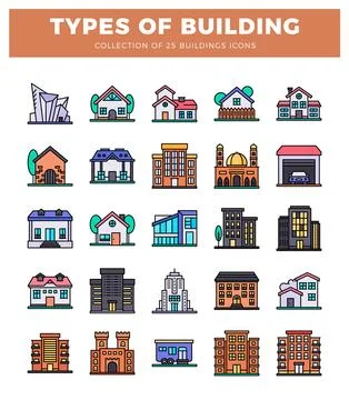 Diverse building icons. flat design. isolated on white. Ilustración de archivo