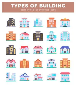 Diverse building icons in flat design. Isolated on white with a title Types.. Stock Illustration