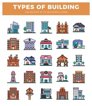 A diverse building icons. flat design. for web and print. Ilustración de archivo