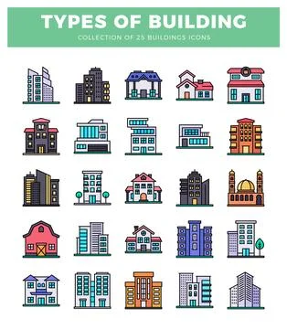 Diverse building icons in flat design style on white background. Ilustración de archivo