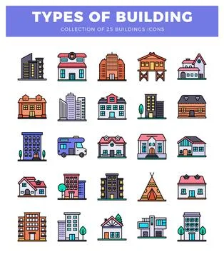 Diverse building icons. flat design with color fills. arranged on a white b.. Ilustración de archivo