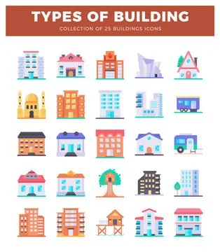 Diverse building icons in flat design style on white background. Ilustração Stock