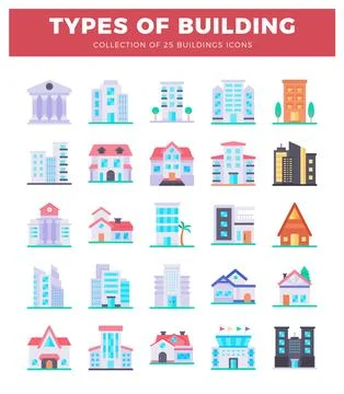 Diverse building icons in a flat design style against a white background. Stock Illustration
