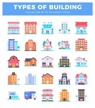 Diverse building icons in a flat design style. showcasing various architect.. Stock Illustration