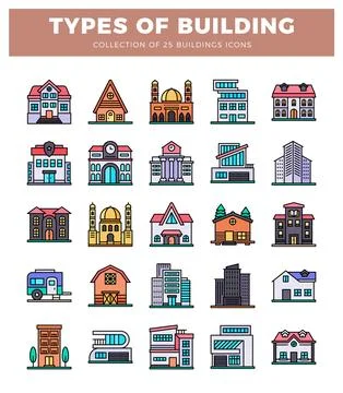 Diverse building icons in flat design style. representing various architect.. Stock Illustration