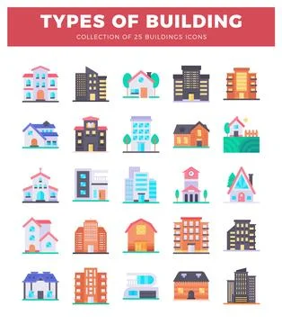 Diverse building icons in a flat design style on a white background. Ilustración de archivo