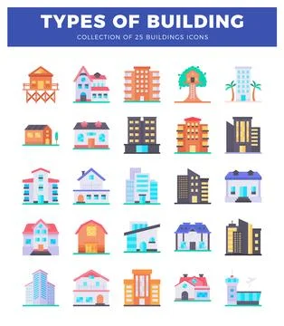 Diverse building icons in flat design style. isolated on white background. Ilustración de archivo