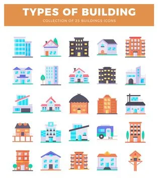 Diverse building icons in flat design. including residential and commercial.. Ilustración de archivo