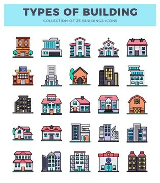 Diverse building icons in flat design style. showcasing various architectur.. Ilustração Stock