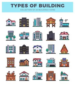 A diverse building icons in a flat design on a white background. Ilustración de archivo