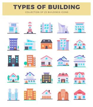Diverse building icons in a flat graphic design style with white background. Ilustración de archivo