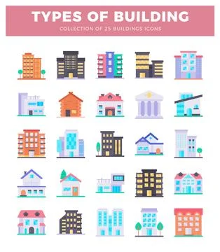 Diverse building icons in a grid array. Ilustración de archivo
