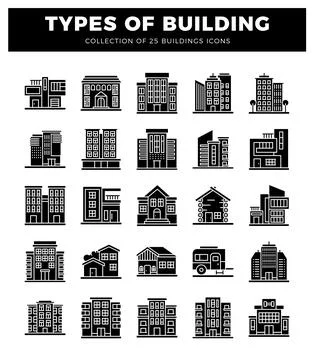 A diverse building icons in a grid format on a white background. Ilustración de archivo