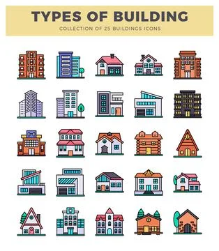 Diverse building icons in a grid layout on a white background Ilustración de archivo