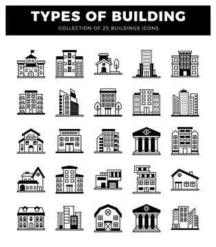 Diverse building icons in a grid layout. white background Ilustración de archivo