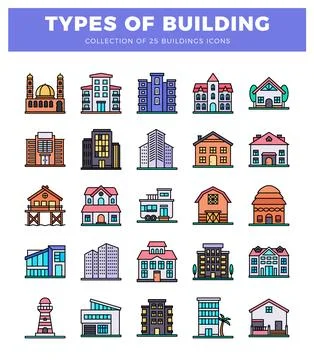 Diverse building icons in a grid layout. featuring various architectural st.. Stock Illustration