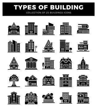 Diverse building icons in a grid layout on a white background. Ilustración de archivo