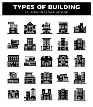 Diverse building icons in a grid layout against a white background. Ilustración de archivo