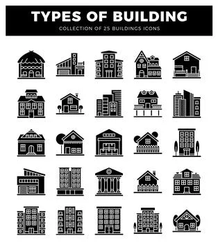 Diverse building icons in a grid on a white background. Ilustración de archivo