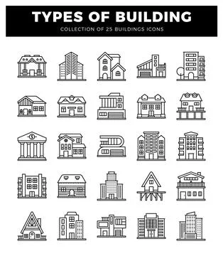 Diverse building icons in a linear graphic on a white background. Ilustración de archivo