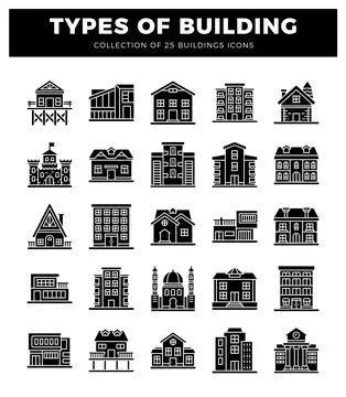 Diverse building icons presented in a clean. monochrome graphic design. Bui.. Ilustración de archivo