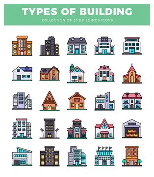 Diverse building icons presented on a clean white background. Ilustración de archivo