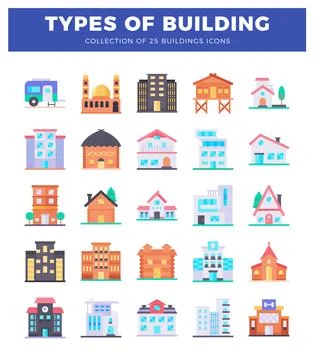 Diverse building icons presented in a flat. colorful graphic on a white bac.. Ilustración de archivo