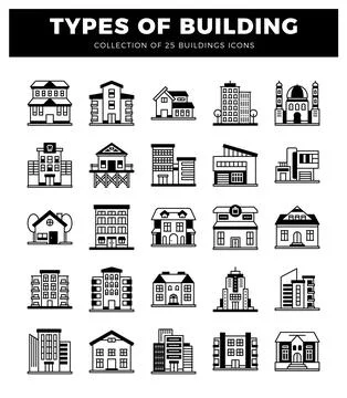 Diverse building icons presented in a grid layout on a white background. Ilustración de archivo