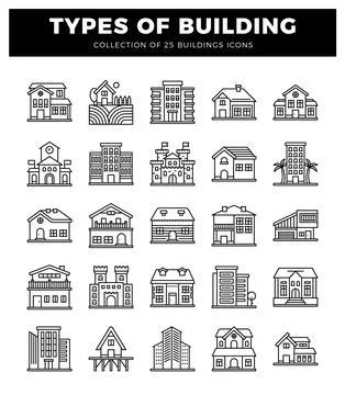 Diverse building icons. presented in a grid layout on a white background. Ilustración de archivo