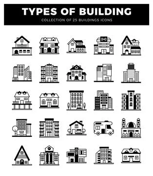 Diverse building icons presented on a white background. Ilustración de archivo
