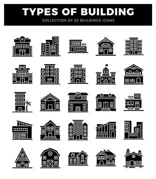Diverse building icons representing various architectural styles on a white.. Ilustração Stock