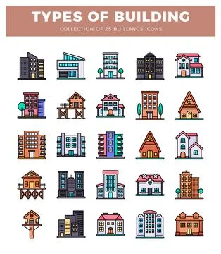 Diverse building icons set on a white background. flat design. no people. Ilustración de archivo