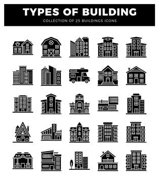 Diverse building icons. showcasing various architectural styles and types f.. Ilustración de archivo