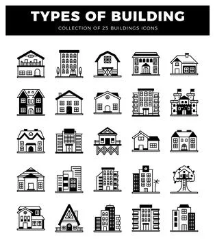 Diverse building icons. showcasing various architectural styles and structu.. Ilustración de archivo