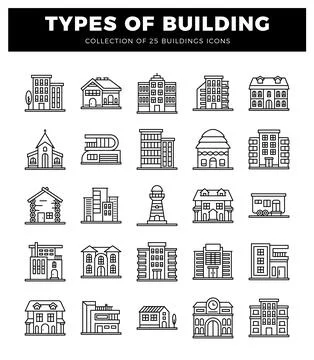 Diverse building icons with various architectural styles on a white backgroun Ilustración de archivo